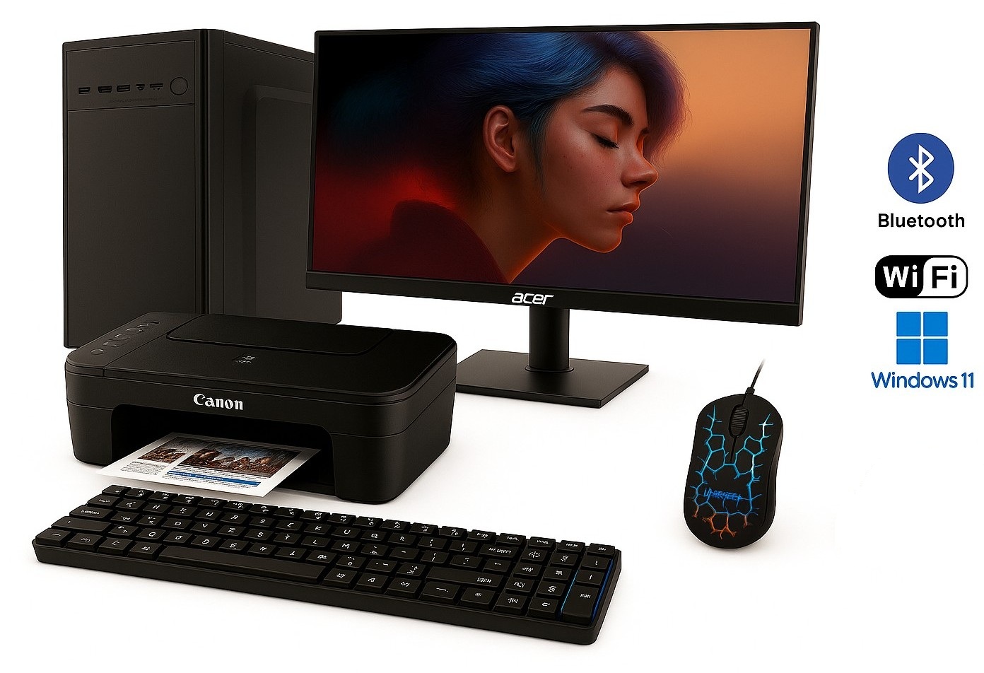 Intel Celeron G5905 – 2-jadrový procesor, DDR4 RAM 8GB, SSD 1TB NVMe, Intel HD Graphics 610, WiFi, Bluetooth, 24'' LCD monitor MSI, multifunkčné zariadenie Canon Pixma TS3355, Windows 11 Home