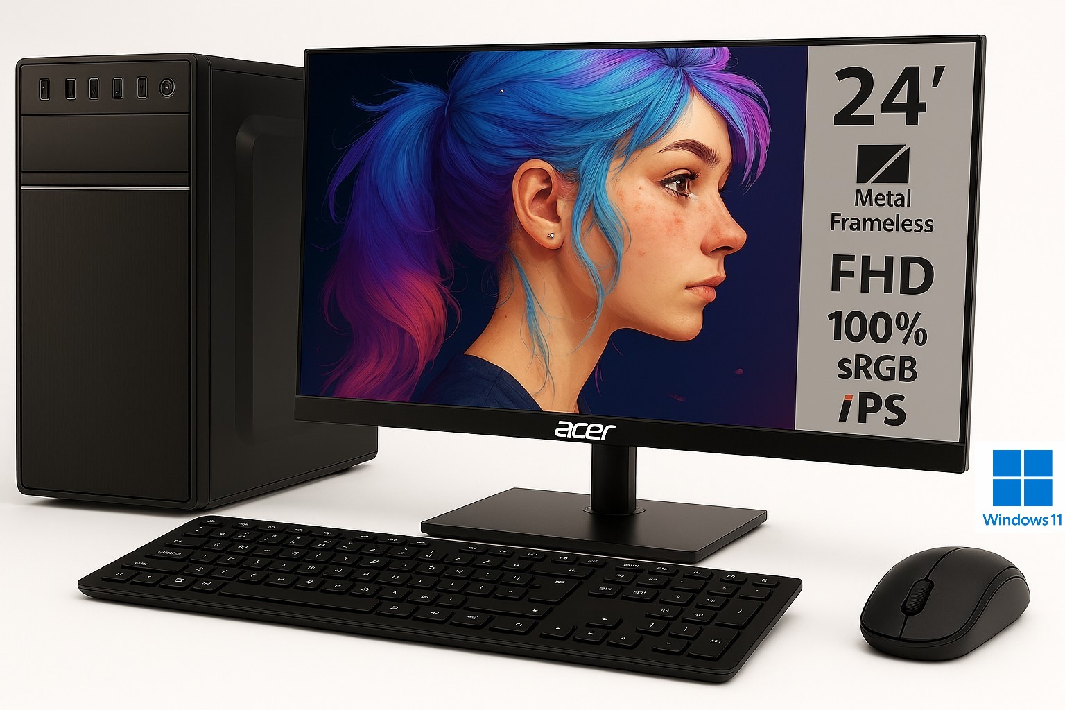 Intel Celeron G5905 – 2-jadrový procesor, DDR4 RAM 8GB, SSD 256GB, Intel HD 7000 2GB, 24″ LCD monitor Acer, klávesnica + myš, Windows 11