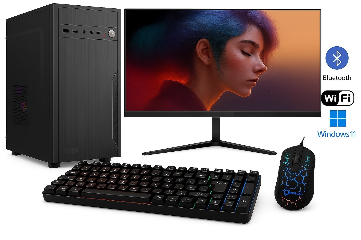 Intel Celeron G5905 – 2-jadrový procesor, DDR4 RAM 8GB, SSD 1000GB Gigabyte NVMe, Intel HD Graphics 610, 24'' LCD monitor LG, klávesnica + myš, WiFi, Bluetooth, Windows 11 Home